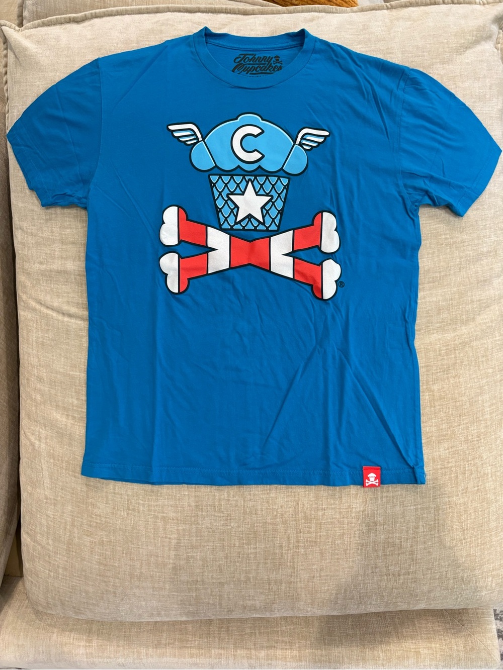 Johnny Cupcakes Blue Short Sleeve Tee with Red & White Cupcake Crossbones